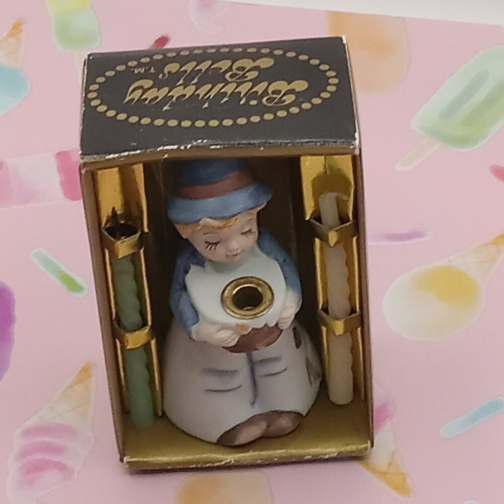 Jasco BIRTHDAY BELL Candle Boy Bisque Figure Complete w/box & stickers Vtg